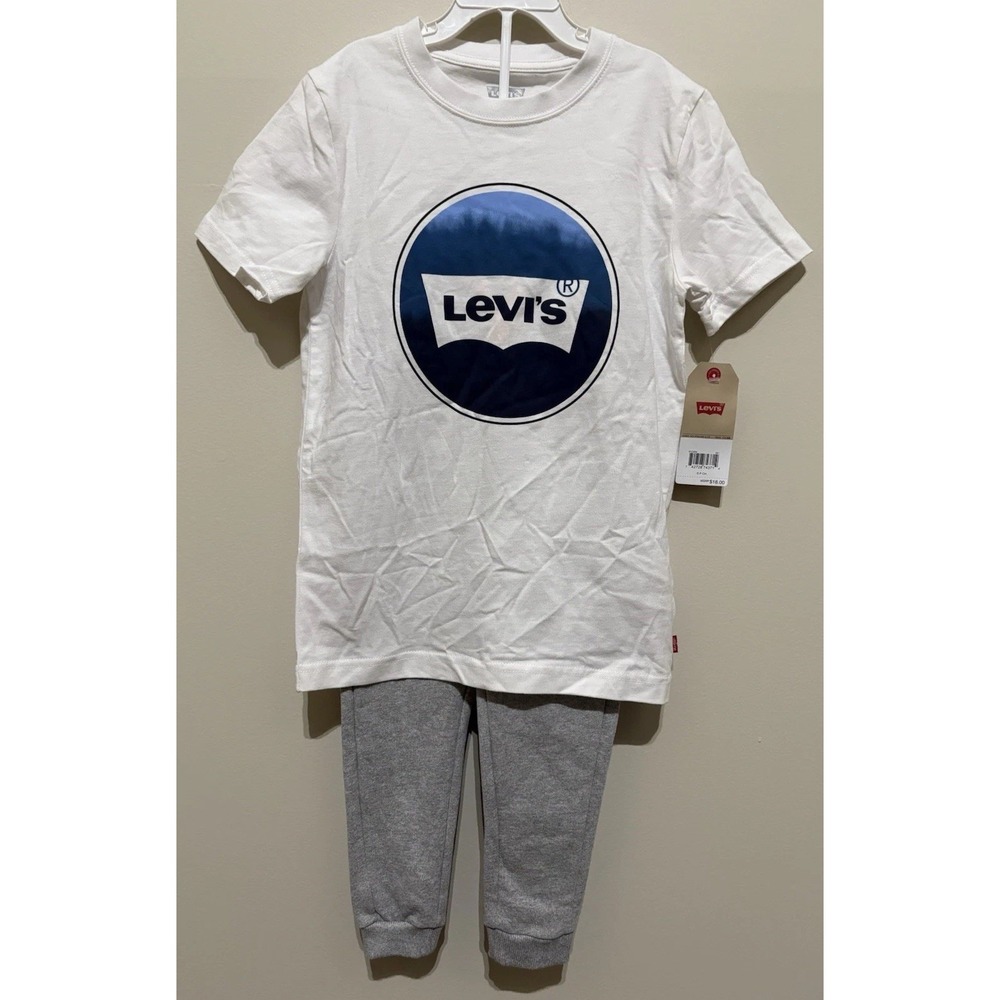 Levis Boys White Logo T-shirt S & Eddie Bauer Gray Sweatpants 4 Set